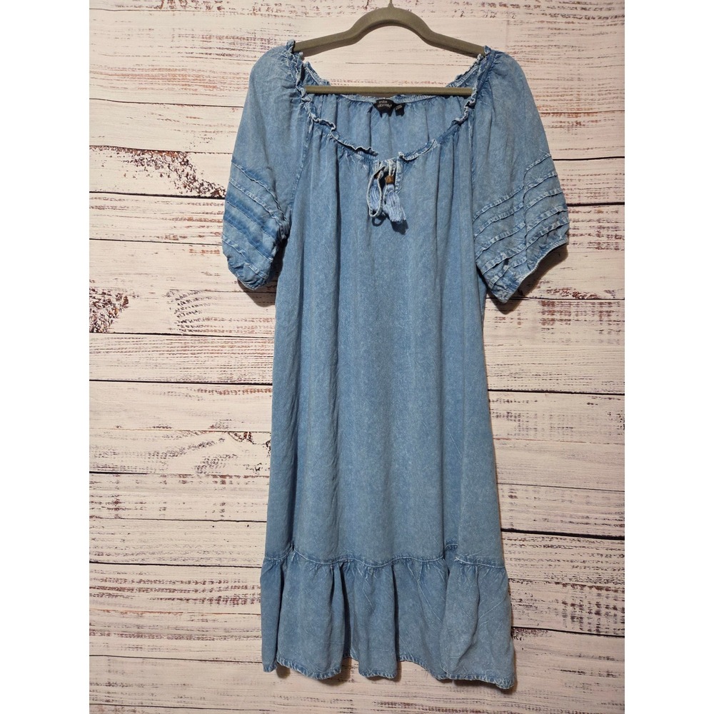 Mlle Gabrielle Women 1X Blue Acid Wash Rayon Peasant Ruffle Hem Tassel Dress